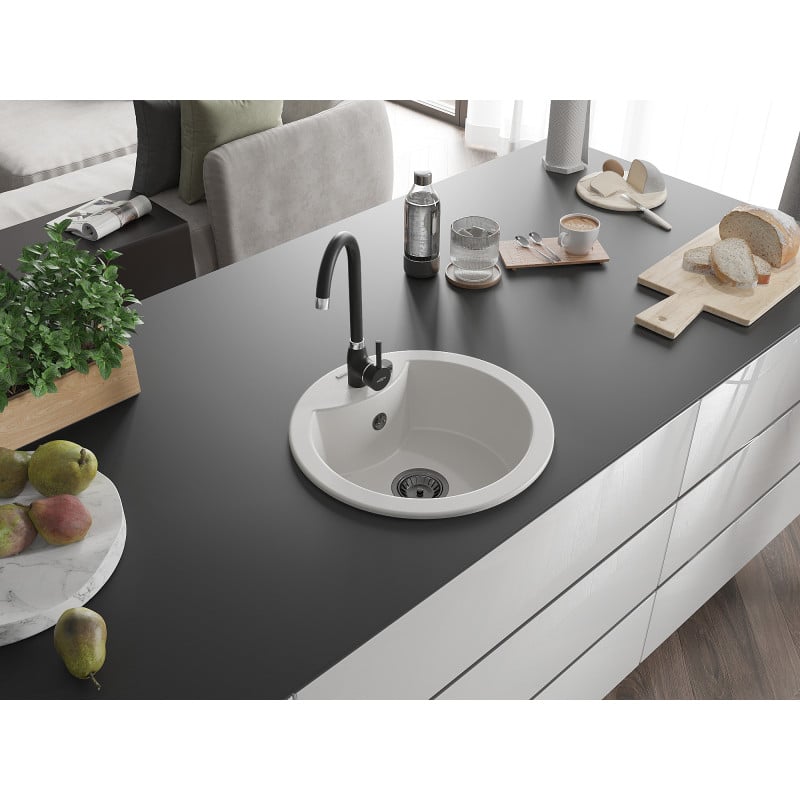 Mexen Diego Granitspüle, 1 Becken, 488 x 480 mm, weiß, schwarzer Siphon - 6512481000-20-B