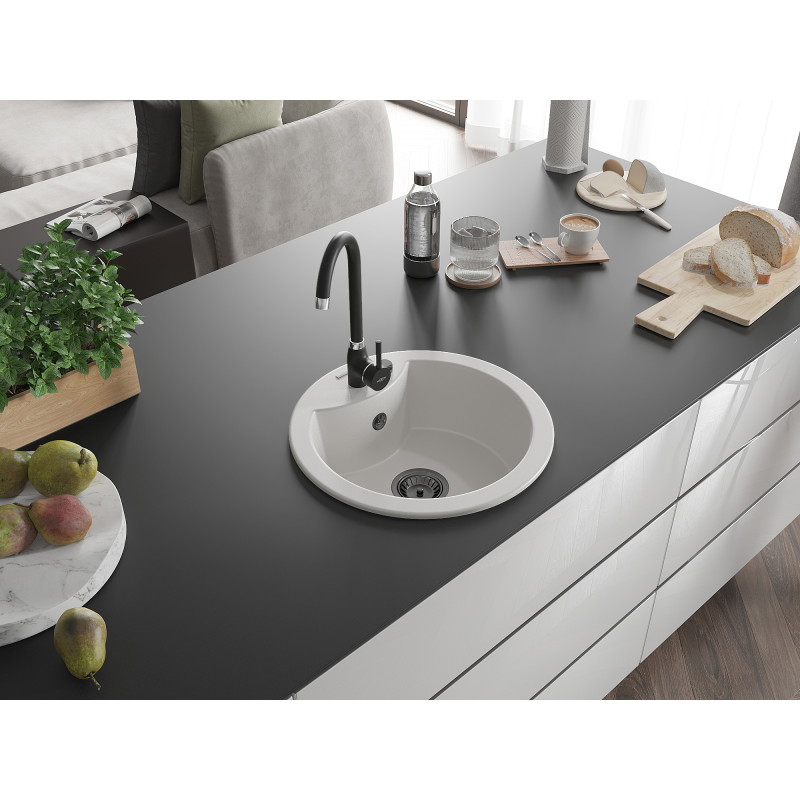 Mexen Diego granitspüle 1-beckig 488 x 480 mm, weiß, schwarzer Siphon - 6512481000-20-B