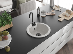 Mexen Diego Granitspüle, 1 Becken, 488 x 480 mm, weiß, schwarzer Siphon - 6512481000-20-B