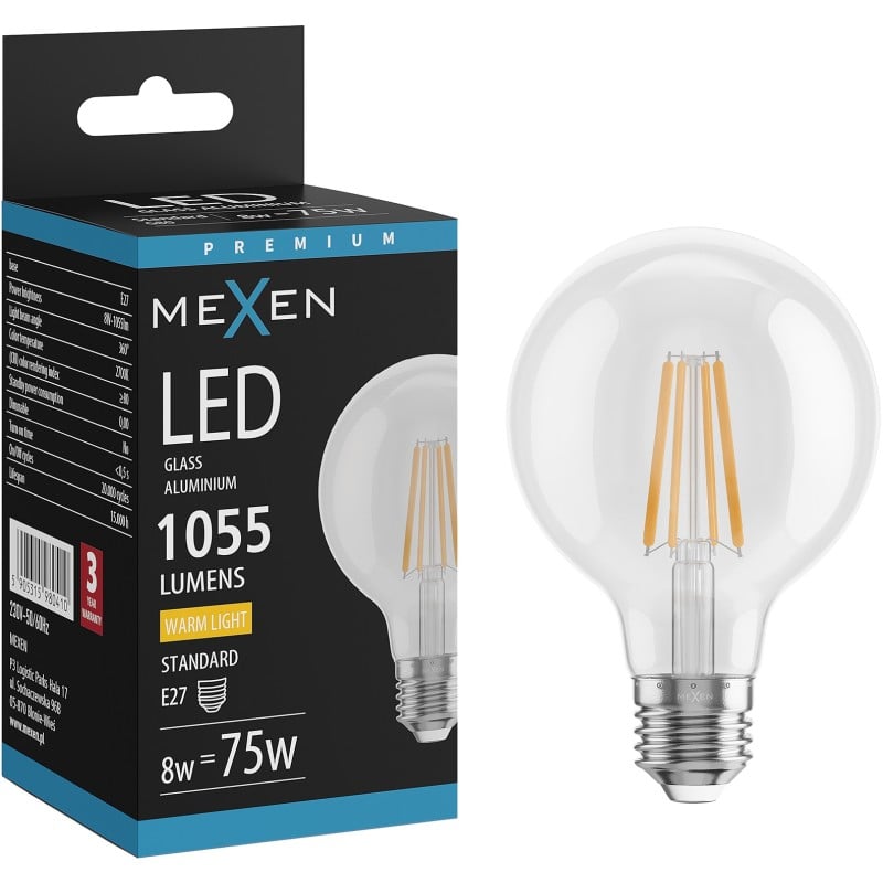 Mexen Vintis LED-Filamentbirne E27, G80, 8W, Warm - 2700K, 1055 lm, klar - L155-E27-0827-00