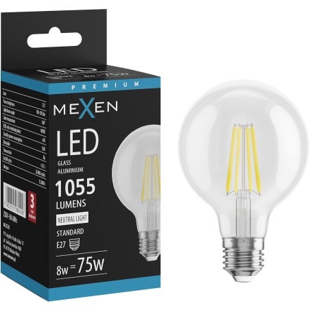 Mexen Vintis LED-Filamentlampe E27, G80, 8W, Neutral - 4000K, 1055 lm, klar - L155-E27-0840-00