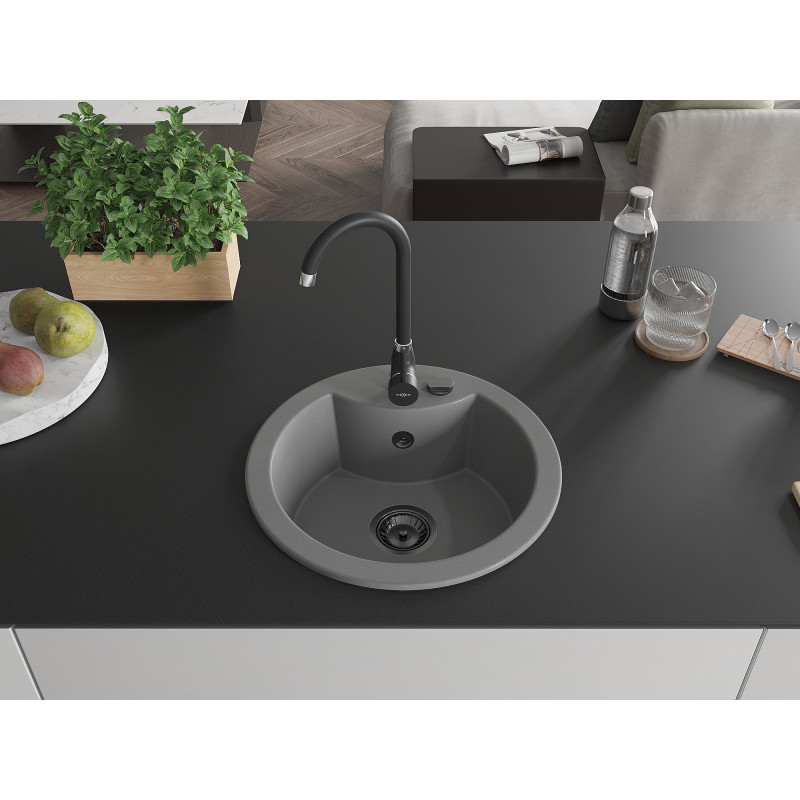 Mexen Diego Granitspüle 1-beckig 488 x 480 mm, grau, schwarzer Siphon - 6512481000-71-B