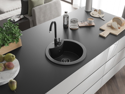 Mexen Diego Granitspüle 1-beckig 488 x 480 mm, schwarz/silber Metallic, schwarzer Siphon - 6512481000-73-B