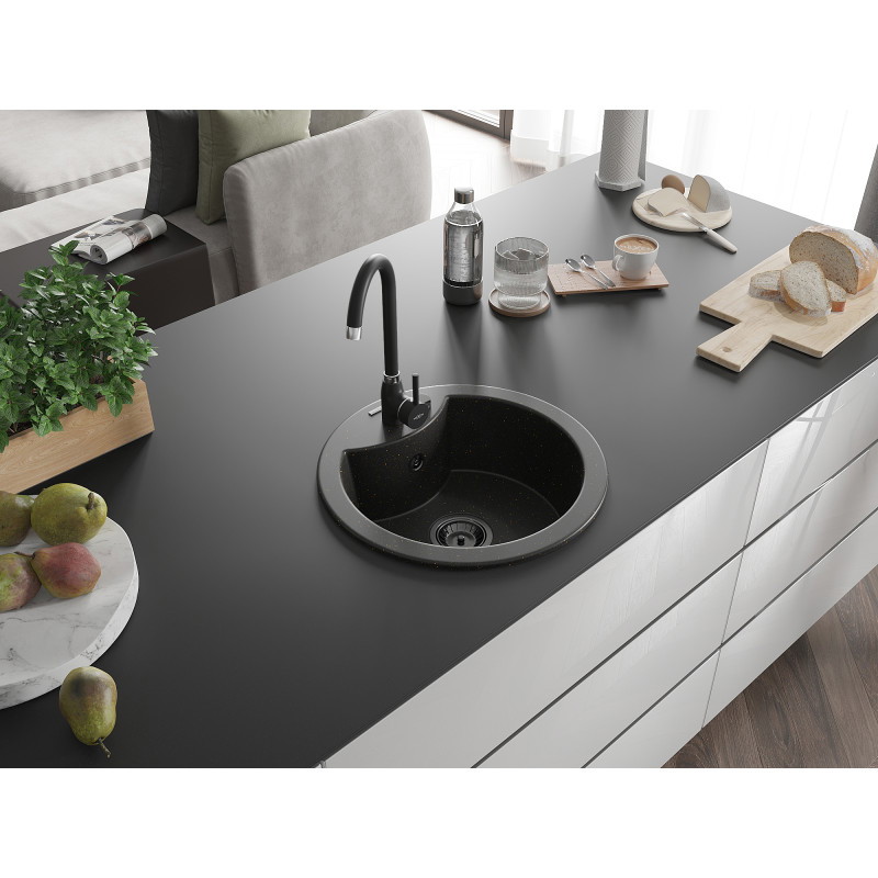 Mexen Diego Granitspüle 1-beckig 488 x 480 mm, schwarz/gold metallic, schwarzer Siphon - 6512481000-75-B