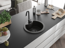 Mexen Diego Granitspüle 1-Kammer 488 x 480 mm, schwarz/gold metallic, schwarzer Siphon - 6512481000-75-B