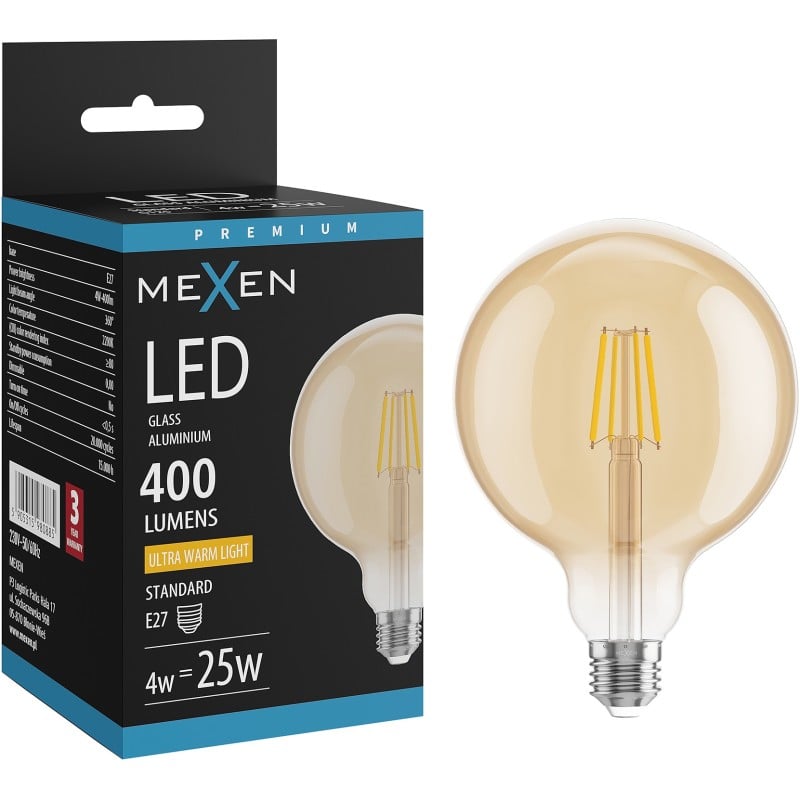 Mexen Vintis LED-Filamentlampe E27, G125, 4W, Warm - 2200K, 400 lm, Amber - L158-E27-0422-50