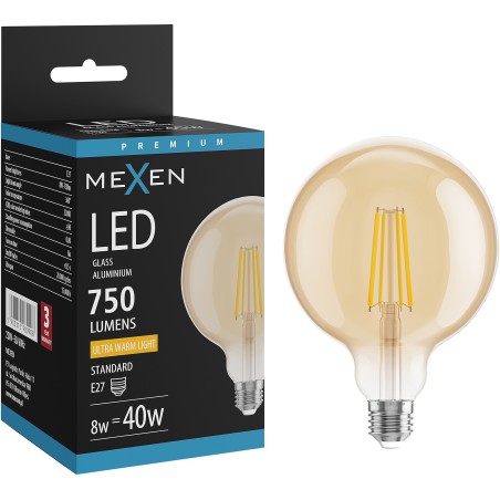 Mexen Vintis LED-Filament-Glühbirne E27, G125, 8W, Warm - 2200K, 750 lm, bernsteinfarben - L158-E27-0822-50