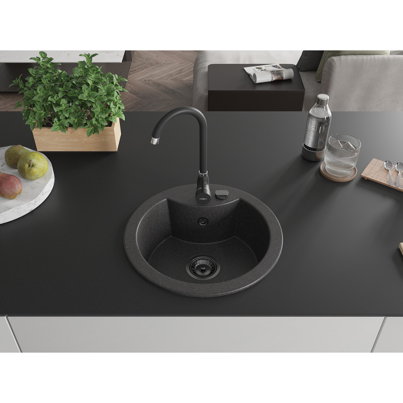 Mexen Diego Einbauspüle Granit 1-Kammer 488 x 480 mm, schwarz gesprenkelt, schwarzer Siphon - 6512481000-76-B