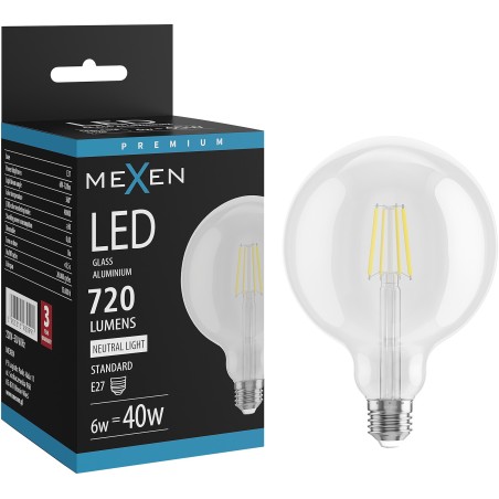 Mexen Vintis LED-Filament-Glühbirne E27, G125, 6W, Neutral - 4000K, 720 lm, klar - L158-E27-0640-00