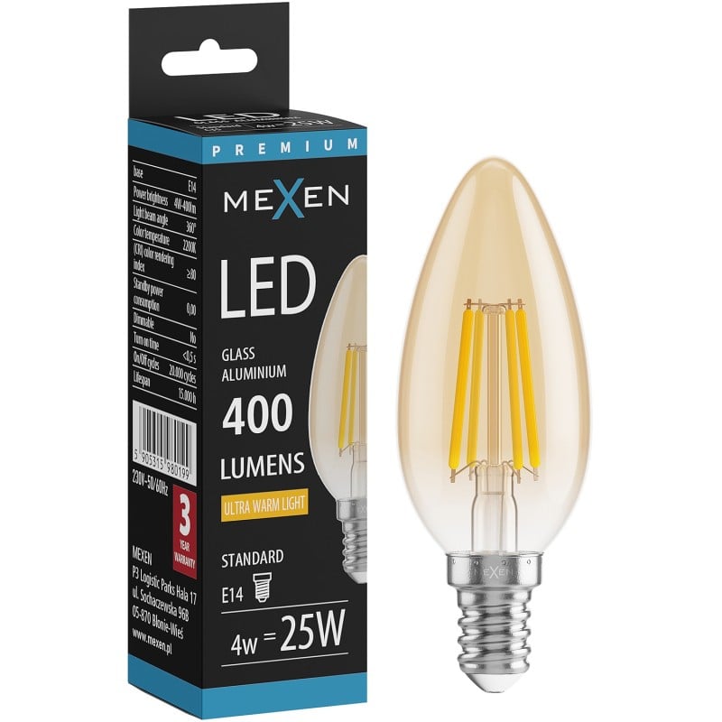 Mexen Vintis LED-Filament-Glühbirne E14, C35, 4W, Warm - 2200K, 400 lm, amber - L154-E14-0422-50