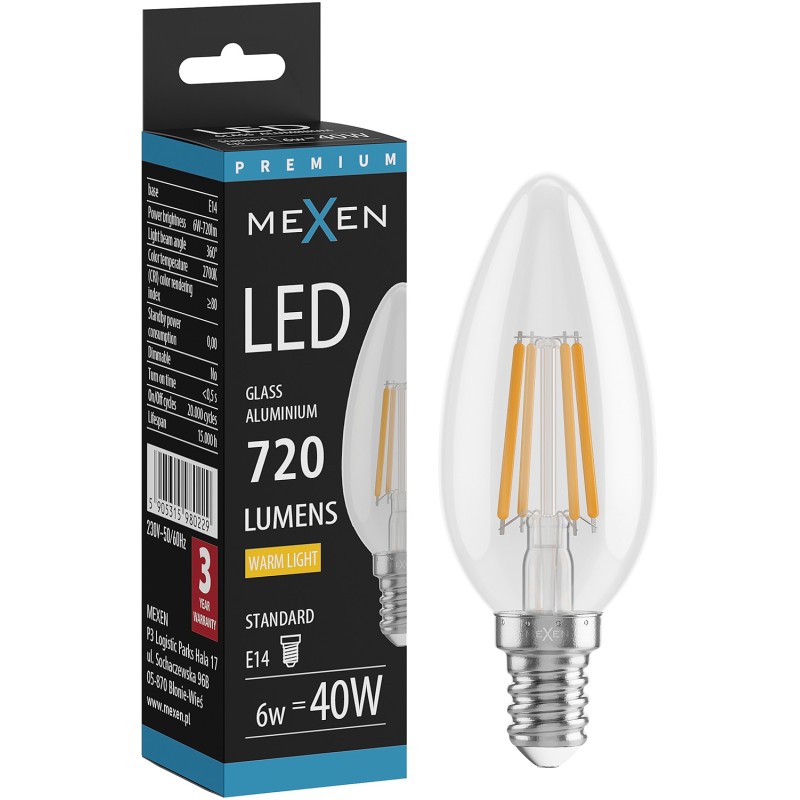Mexen Vintis LED-Filamentlampe E14, C35, 6W, Warm - 2700K, 720 lm, klar - L154-E14-0627-00
