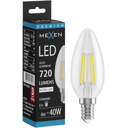 Mexen Vintis LED-Filament-Glühbirne E14, C35, 6W, Neutral - 4000K, 720 lm, klar - L154-E14-0640-00