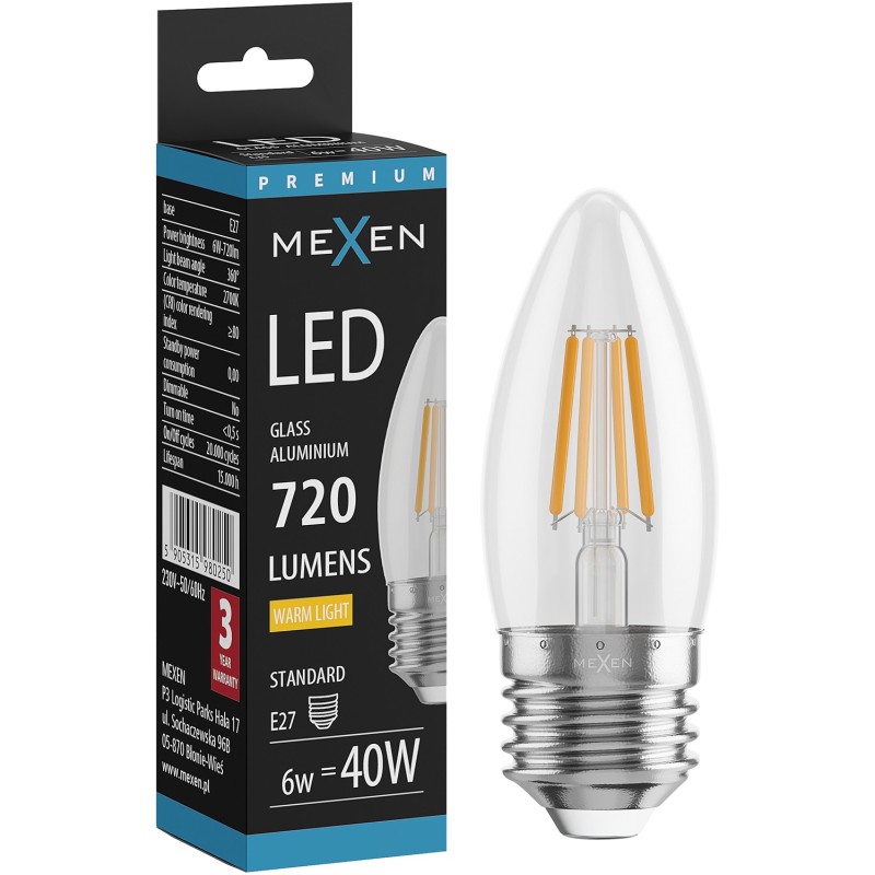 Mexen Vintis LED-Filamentlampe E27, C35, 6W, Warm - 2700K, 720 lm, klar - L154-E27-0627-00