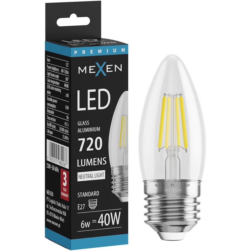 Mexen Vintis LED-Filamentlampe E27, C35, 6W, Neutral - 4000K, 720 lm, klar - L154-E27-0640-00