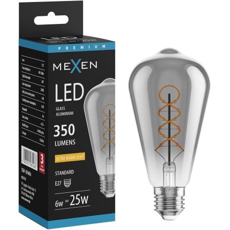 Mexen Vintis LED-Filament-Spirale Glühbirne E27, ST64, 6W, Warm - 2200K, 350 lm, rauchgrau - L162-E27-0622-70