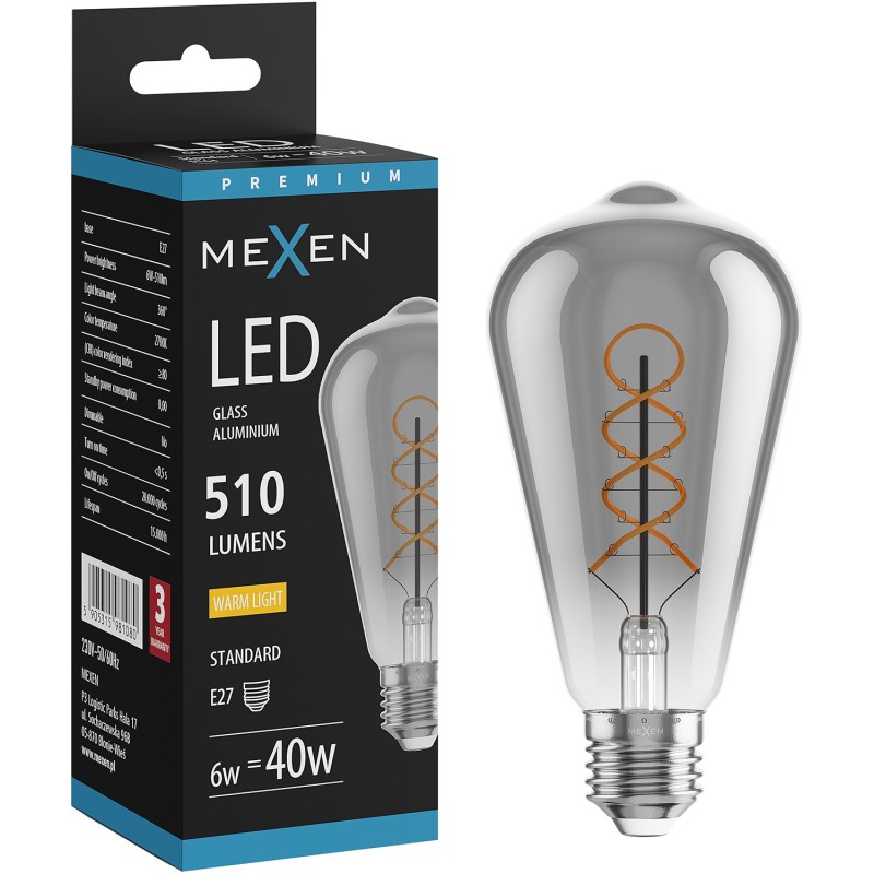 Mexen Vintis LED-Filament-Glühbirne Spirale E27, ST64, 6W, Warm - 2700K, 510 lm, rauch - L162-E27-0627-70