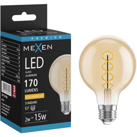 Mexen Vintis LED-Filament-Glühbirne Spirale E27, G80, 2W, Warm - 2200K, 170 lm, amber - L165-E27-0222-50