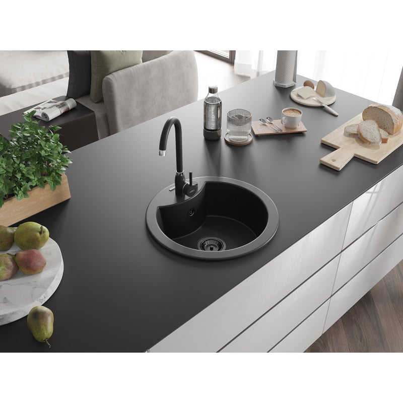 Mexen Diego Granitspüle 1-beckig 488 x 480 mm, schwarz, schwarzer Siphon - 6512481000-77-B