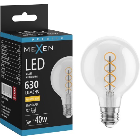 Mexen Vintis LED-Filament-Spirale Glühbirne E27, G80, 6W, Warm - 2700K, 630 lm, klar - L165-E27-0627-00