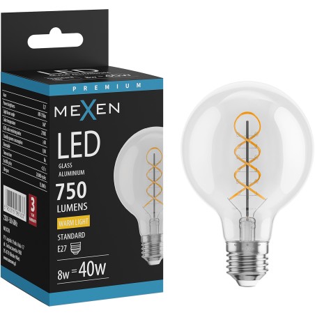 Mexen Vintis LED-Filament-Glühbirne Spirale E27, G80, 8W, Warm - 2700K, 750 lm, klar - L165-E27-0827-00