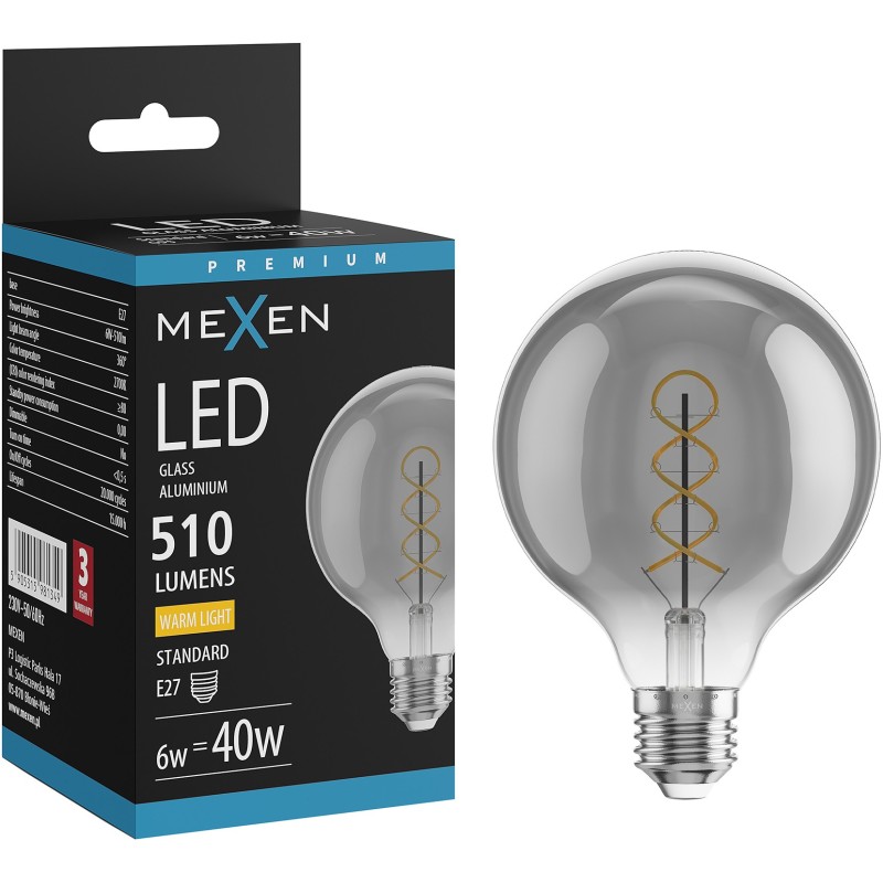 Mexen Vintis LED-Filament-Glühbirne Spirale E27, G95, 6W, Warm - 2700K, 510 lm, Rauch - L167-E27-0627-70