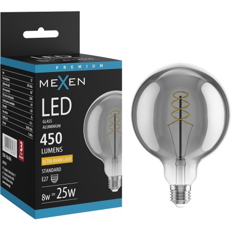 Mexen Vintis LED-Filament-Glühbirne Spiralform E27, G125, 8W, Warm - 2200K, 450 lm, Rauchglas - L168-E27-0822-70