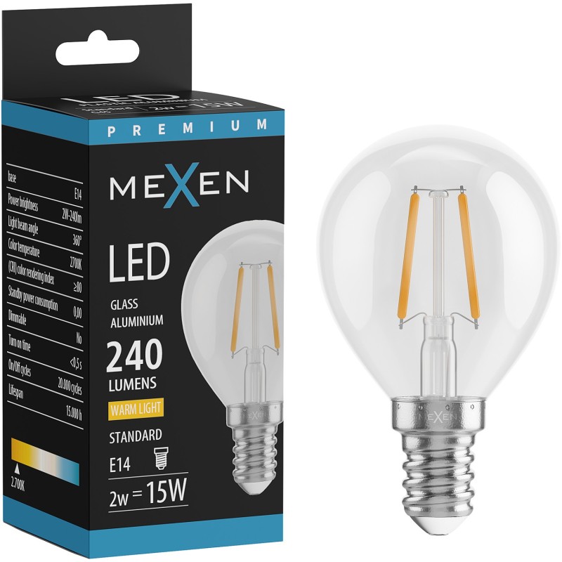 Mexen Vintis LED-Filament-Lampe E14, G45, 2W, Warm - 2700K, 240 lm, klar - L156-E14-0227-00