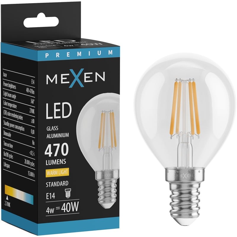 Mexen Vintis LED-Filamentlampe E14, G45, 4W, Warm - 2700K, 470 lm, klar - L156-E14-0427-00