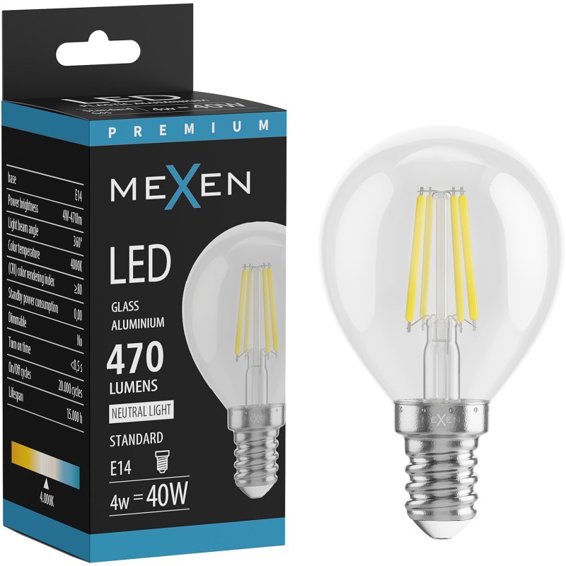 Mexen Vintis LED-Filamentlampe E14, G45, 4W, Neutral - 4000K, 470 lm, klar - L156-E14-0427-00 - L156-E14-0440-00