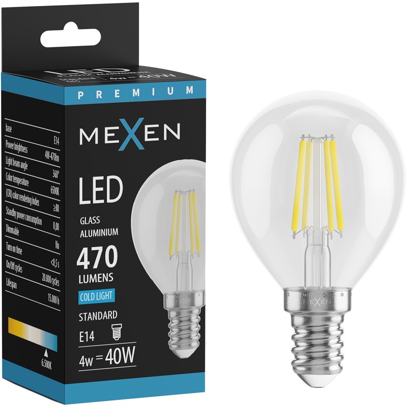 Mexen Vintis LED-Filament-Glühbirne E14, G45, 4W, Kalt - 6500K, 470 lm, klar - L156-E14-0465-00