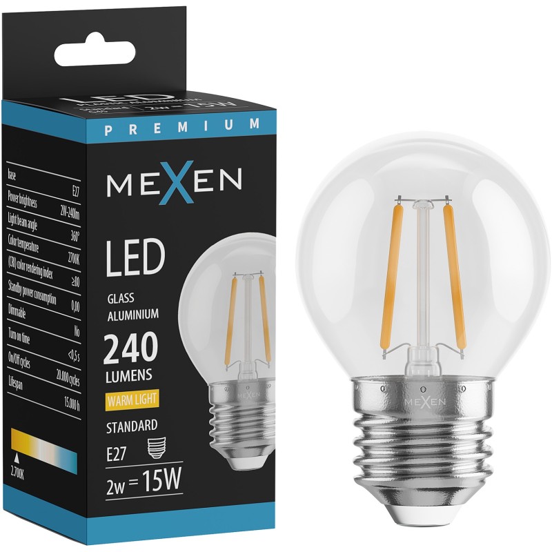Mexen Vintis LED-Filament-Lampe E27, G45, 2W, Warm - 2700K, 240 lm, klar - L156-E14-0227-00 - L156-E27-0227-00