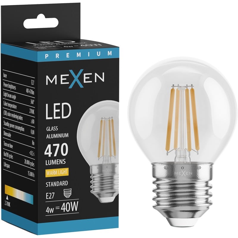 Mexen Vintis LED-Filamentlampe E27, G45, 4W, Warm - 2700K, 470 lm, klar - L156-E27-0427-00