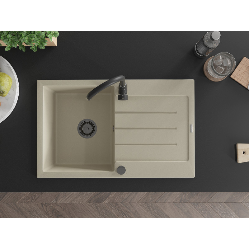 Mexen Bruno granitspüle 1-beckig mit Abtropffläche 795 x 495 mm, beige, schwarzer Siphon - 6513791010-69-B