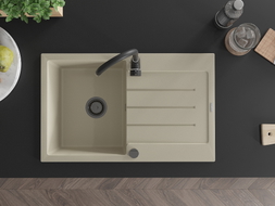Mexen Bruno Granitspüle 1-Becken mit Abtropffläche 795 x 495 mm, beige, schwarzer Siphon - 6513791010-69-B