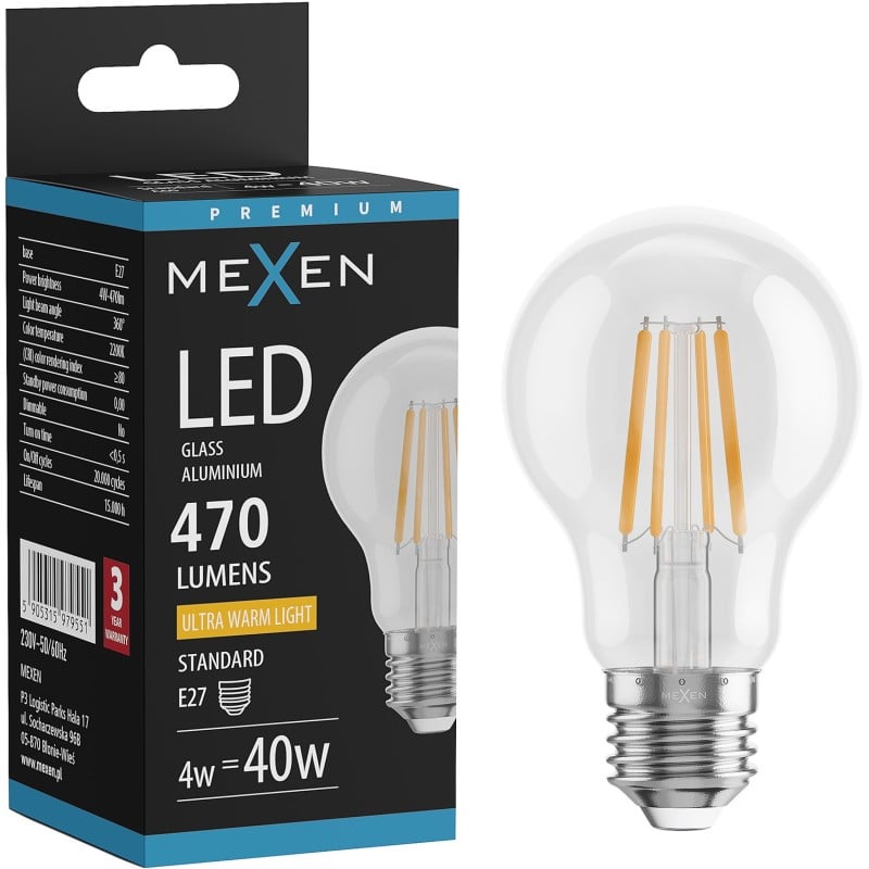 Mexen Vintis LED-Filament-Glühbirne E27, A60, 4W, Warm - 2200K, 470 lm, klar - L150-E27-0422-00