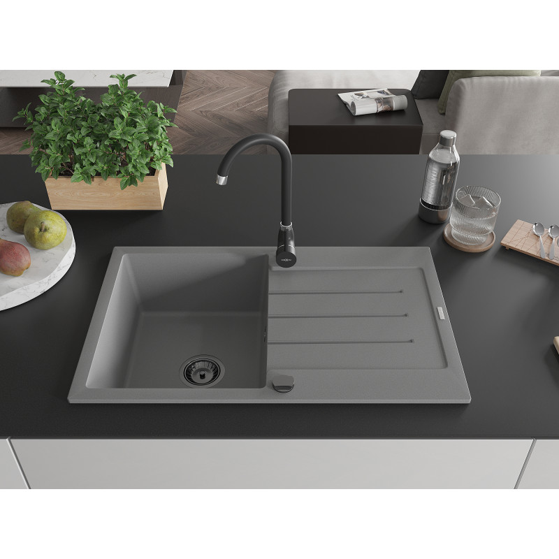 Mexen Bruno Granitspüle 1-Becken mit Abtropffläche 795 x 495 mm, grau, schwarzer Siphon - 6513791010-71-B