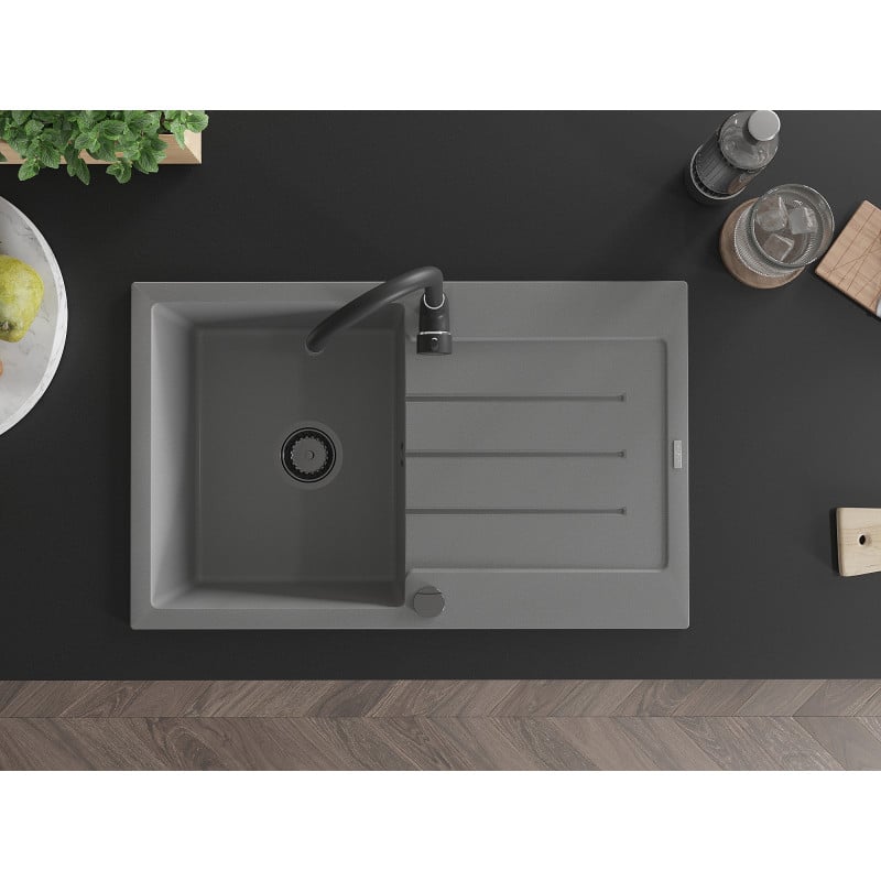 Mexen Bruno Granitspüle 1-Becken mit Abtropffläche 795 x 495 mm, grau, schwarzer Siphon - 6513791010-71-B