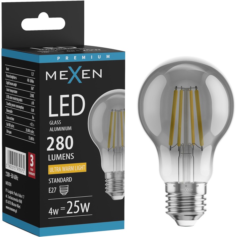 Mexen Vintis LED-Glühbirne Filament E27, A60, 4W, Warm - 2200K, 280 lm, Rauchglas - L150-E27-0422-70