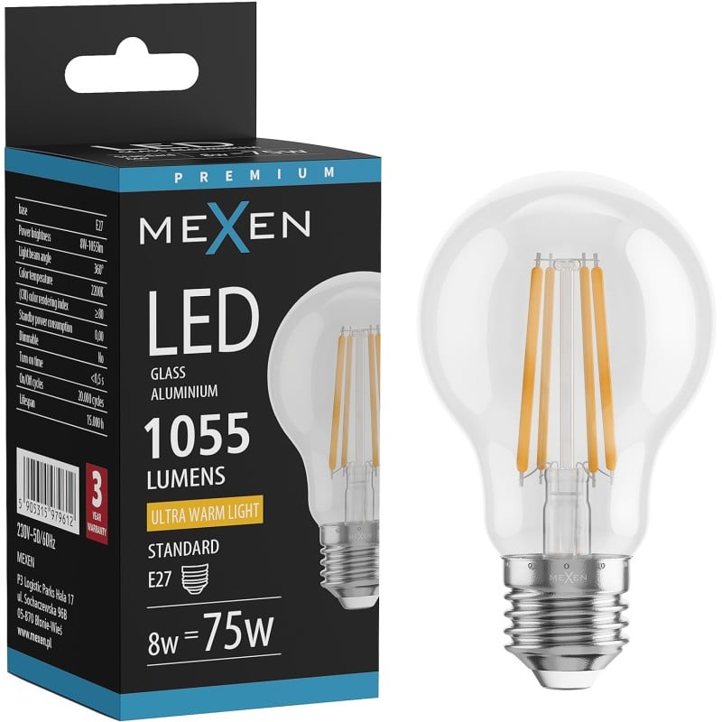 Mexen Vintis LED-Filament-Glühbirne E27, A60, 8W, Warm - 2200K, 1055 lm, klar - L150-E27-0822-00