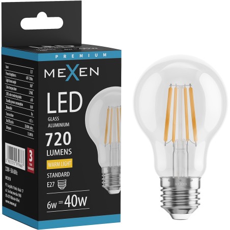 Mexen Vintis LED-Filamentlampe E27, A60, 6W, Warm - 2700K, 720 lm, klar - L150-E27-0627-00