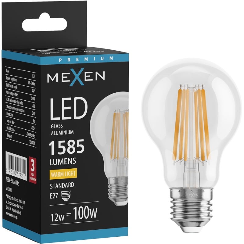 Mexen Vintis LED-Filamentlampe E27, A60, 12W, Warm - 2700K, 1585 lm, klar - L150-E27-1227-00
