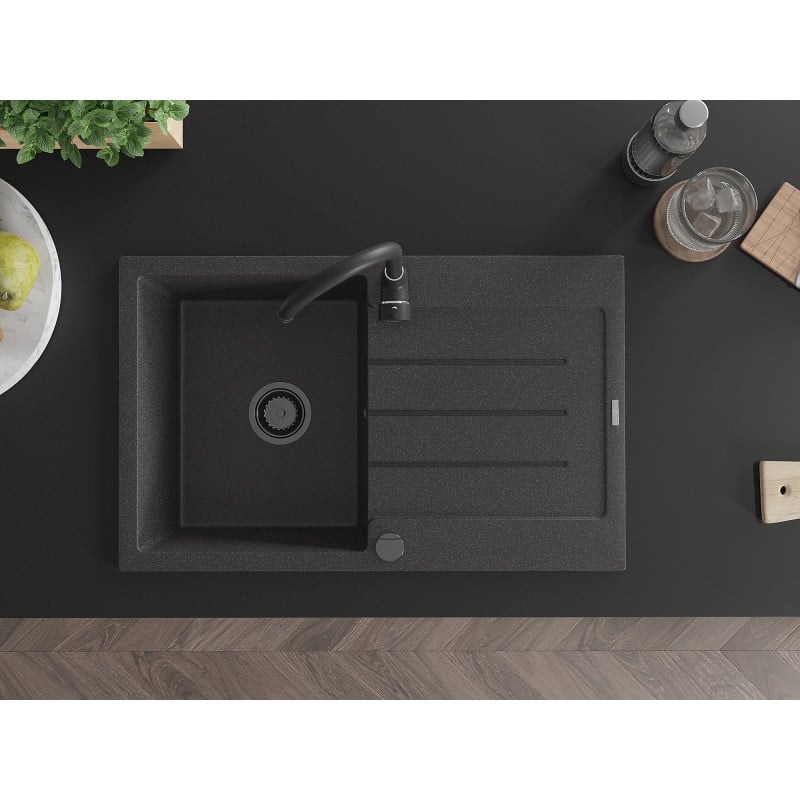 Mexen Bruno Granitspüle 1-Becken mit Abtropffläche 795 x 495 mm, schwarz gesprenkelt, schwarzer Siphon - 6513791010-76-B