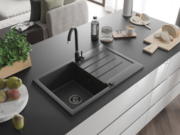 Mexen Bruno Granitspüle 1-Becken mit Abtropffläche 795 x 495 mm, schwarz gesprenkelt, schwarzer Siphon - 6513791010-76-B