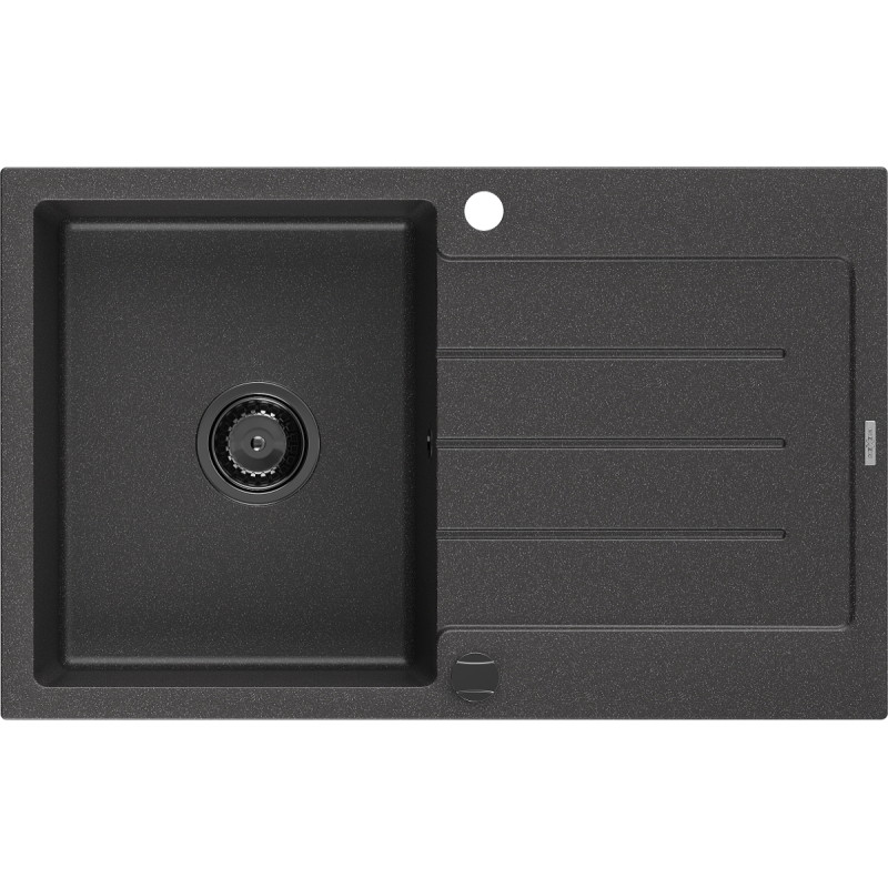 Mexen Bruno Granitspüle 1-beckig mit Abtropffläche 795 x 495 mm, schwarz gesprenkelt, schwarzer Siphon - 6513791010-76-B