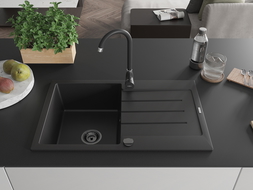 Mexen Bruno Granitspüle mit einem Becken und einer Abtropffläche 795 x 495 mm, Schwarz, Siphon Schwarz - 6513791010-77-B