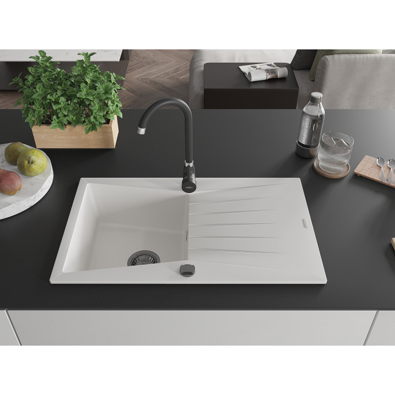 Mexen Cesar Granitspüle 1-Becken mit Abtropffläche 775 x 470 mm, weiß, schwarzer Siphon - 6514771010-20-B