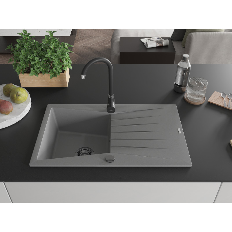 Mexen Cesar Granitspüle 1-beckig mit Abtropffläche 775 x 470 mm, grau, schwarzer Siphon - 6514771010-71-B