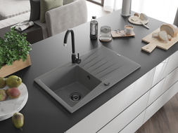 Mexen Cesar Granitspüle 1-Becken mit Abtropffläche 775 x 470 mm, grau, schwarzer Siphon - 6514771010-71-B