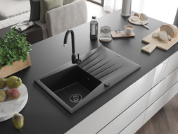 Mexen Cesar Granitspüle 1-beckig mit Ablauffläche 775 x 470 mm, schwarz/silber metallic, schwarzer Siphon - 6514771010-73-B