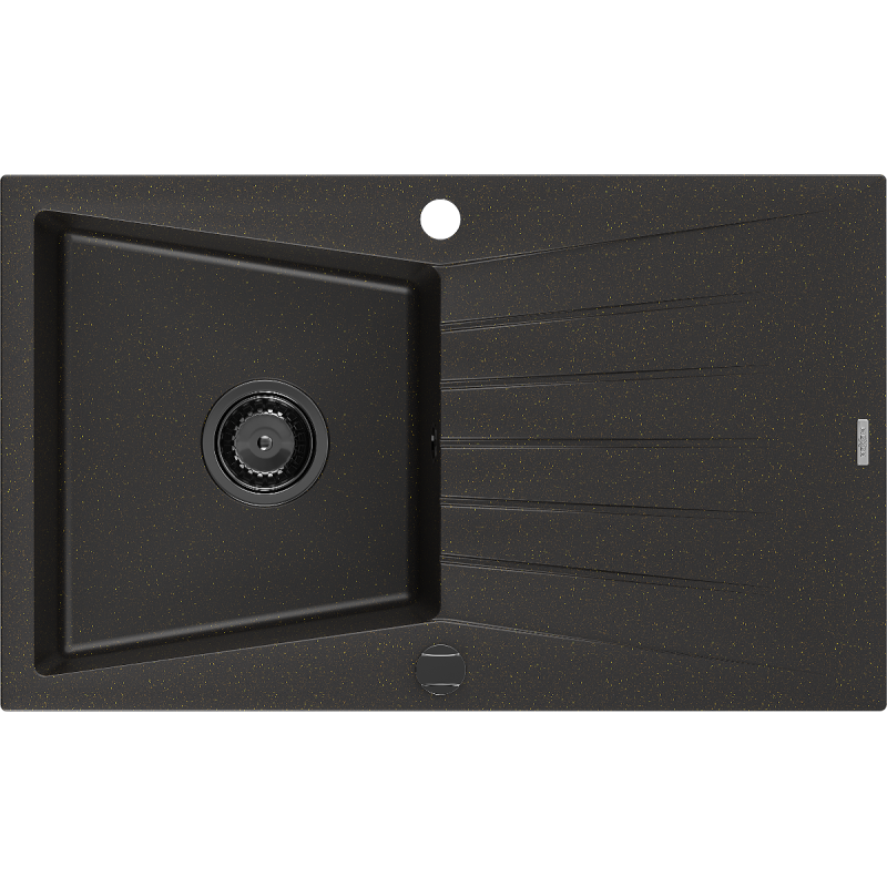 Mexen Cesar Granitspüle 1-Becken mit Abtropffläche 775 x 470 mm, schwarz/gold metallisch, schwarzer Siphon - 6514771010-75-B